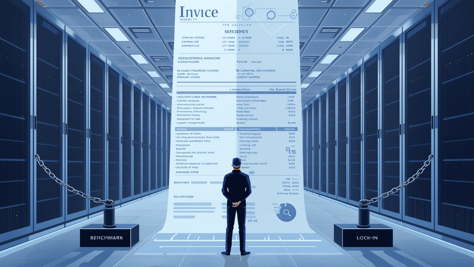 A procurement manager stands between two levers as a cloud data center receipt printer outputs an invoice that shifts from transparent line items to opaque branded bulk charges.