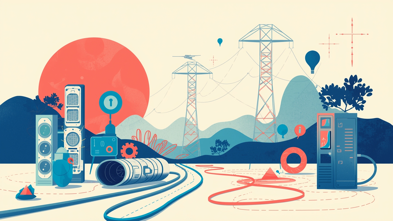 A single thick cable labeled with one vendor name splits into three thinner cables, each connecting to identical business machines, with one path glowing active and two dormant but ready.