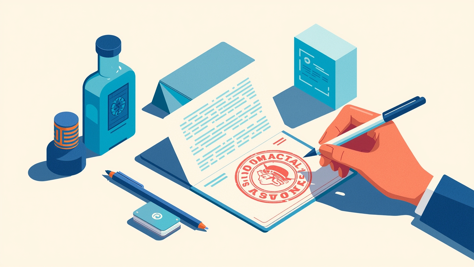 A passport stamp fades as a hand edits the page beneath it, showing how rewriting AI-generated text erases invisible compliance marks.