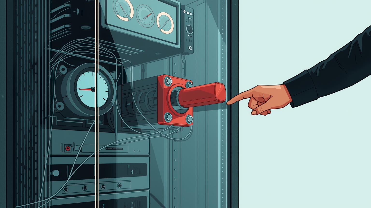 A human hand grips a large red mechanical brake lever mounted on the exterior of a transparent server rack, with independent monitoring gauges visible nearby, illustrating architecturally independent human control over automated systems.